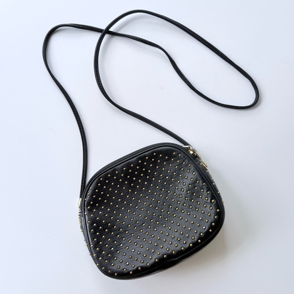 Vintage Judith Leiber Black Leather Gold Studded Red Lined Crossbody Bag Spain - Picture 6 of 16